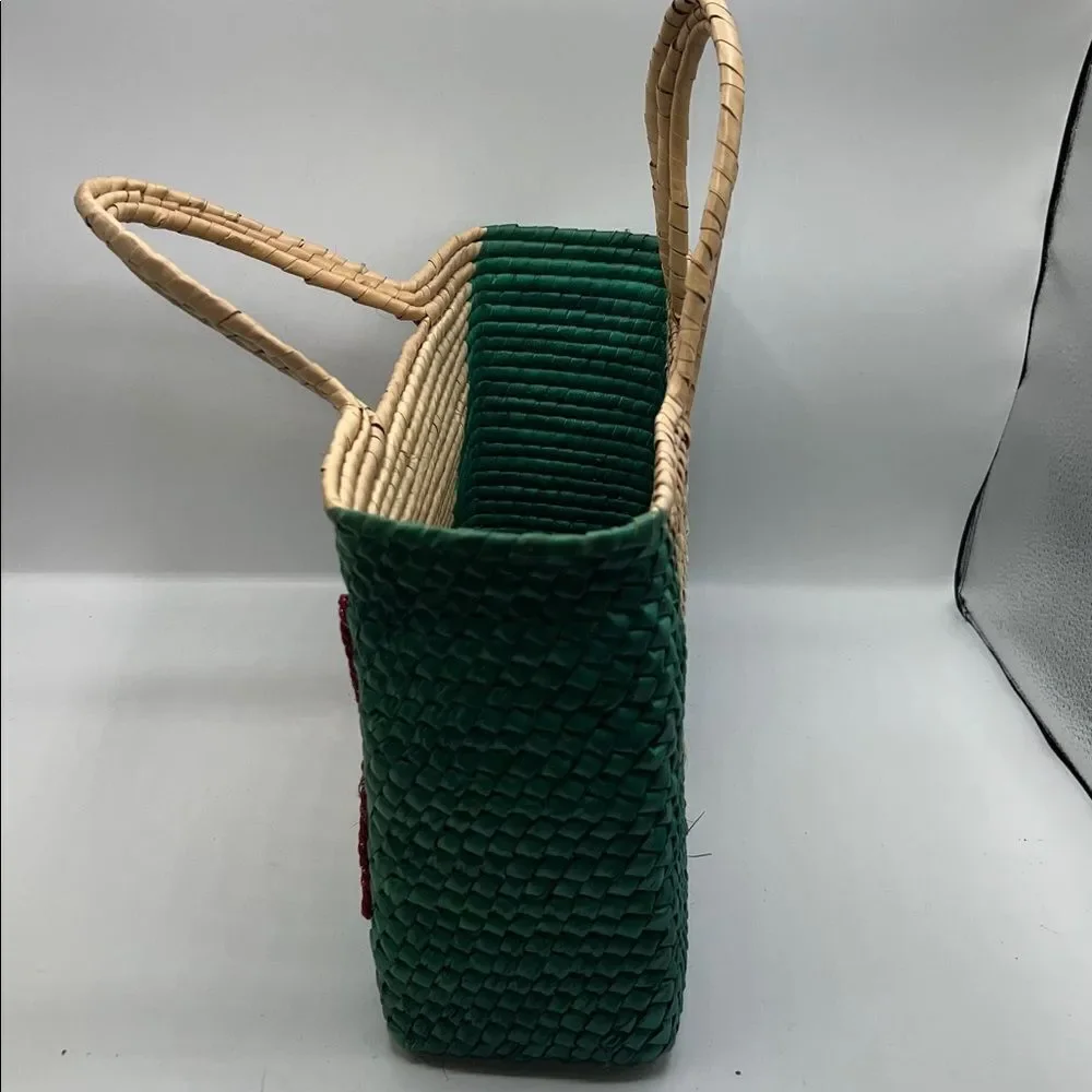 HANDWOVEN Handmade Mexican Woven Straw Handbag Purse Colorful Flower & Butterfly